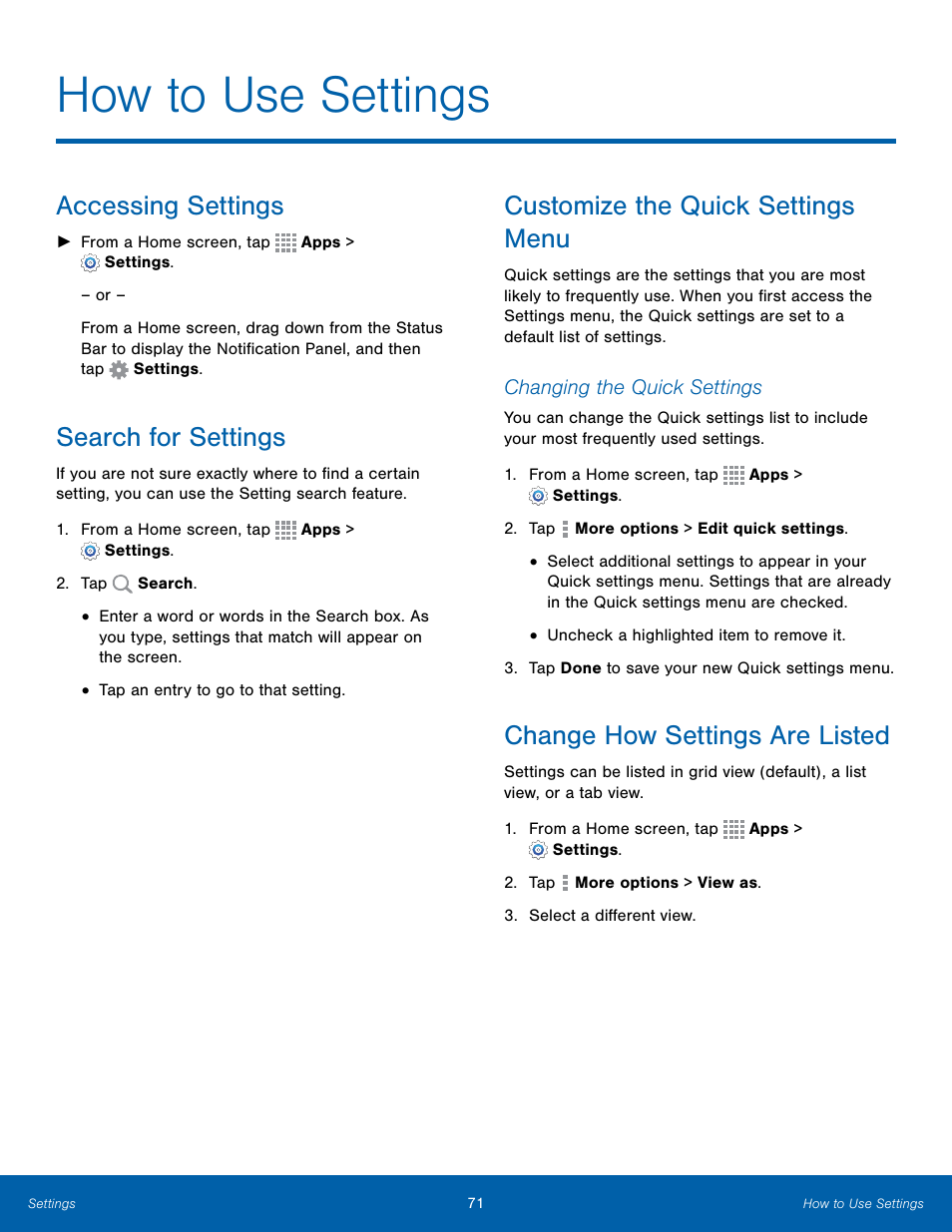 How to use settings, Accessing settings, Search for settings | Customize the quick settings menu, Change how settings are listed | Samsung Galaxy Note Edge User Manual | Page 77 / 134