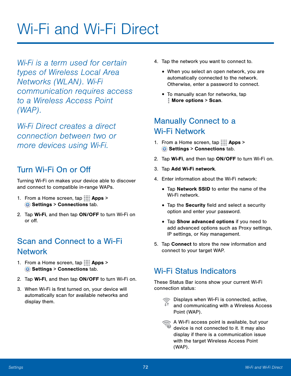 Wi-fi and wi-fi direct, Scan and connect to a wi-fi network, Manually connect to a wi-fi network | Wi-fi status indicators | Samsung Galaxy Note Edge User Manual | Page 78 / 134