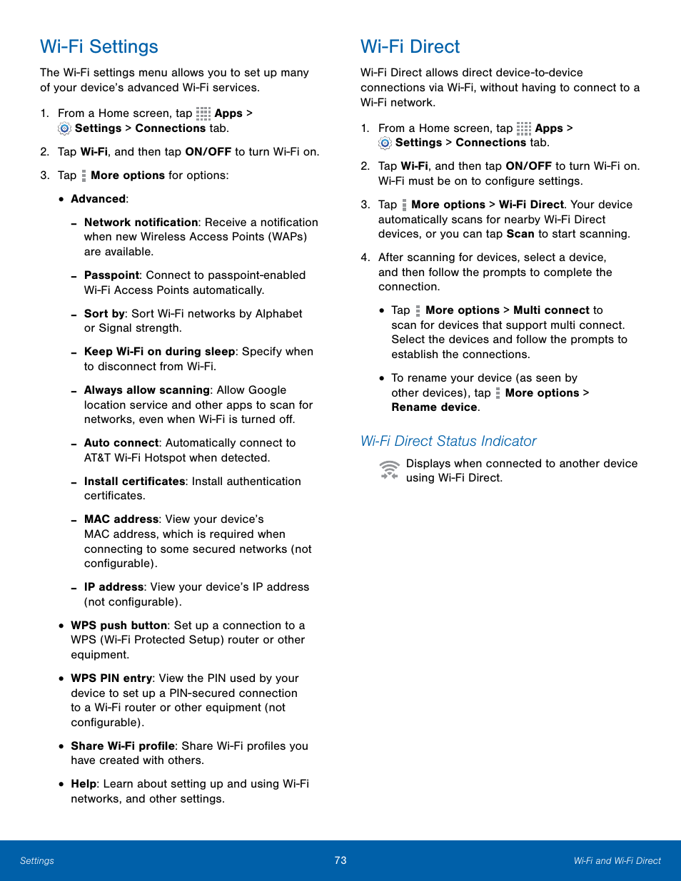 Wi-fi settings, Wi-fi direct | Samsung Galaxy Note Edge User Manual | Page 79 / 134