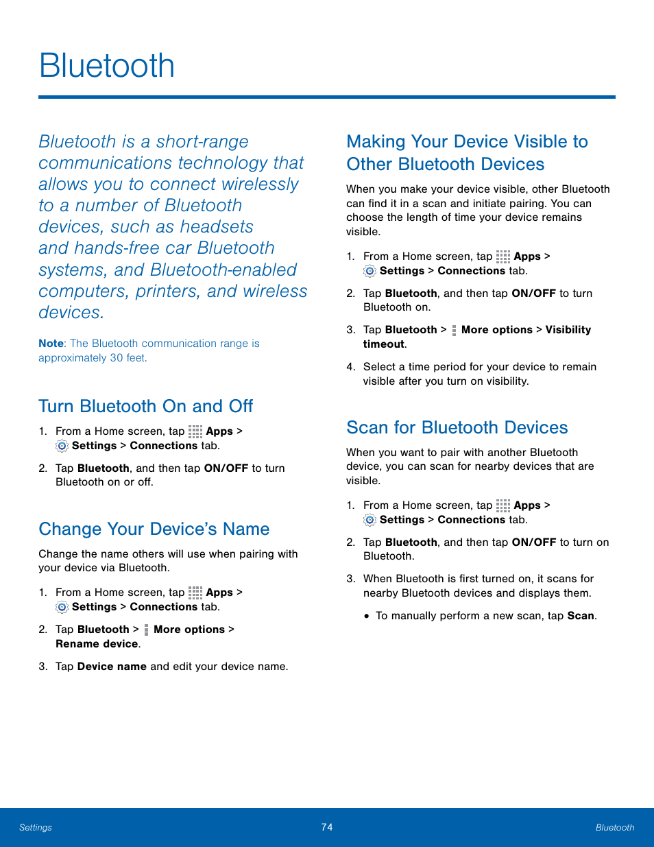 Bluetooth, Turn bluetooth on and off, Change your device’s name | Scan for bluetooth devices | Samsung Galaxy Note Edge User Manual | Page 80 / 134