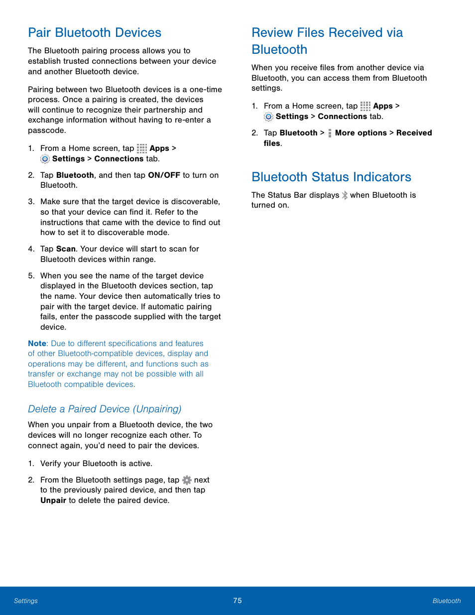 Pair bluetooth devices, Review files received via bluetooth, Bluetooth status indicators | Samsung Galaxy Note Edge User Manual | Page 81 / 134