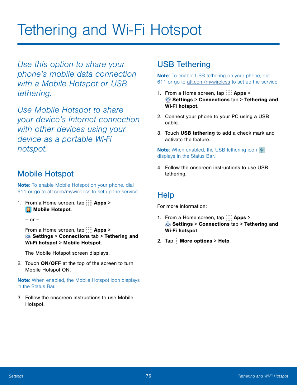 Tethering and wi-fi hotspot, Usb tethering, Help | Samsung Galaxy Note Edge User Manual | Page 82 / 134