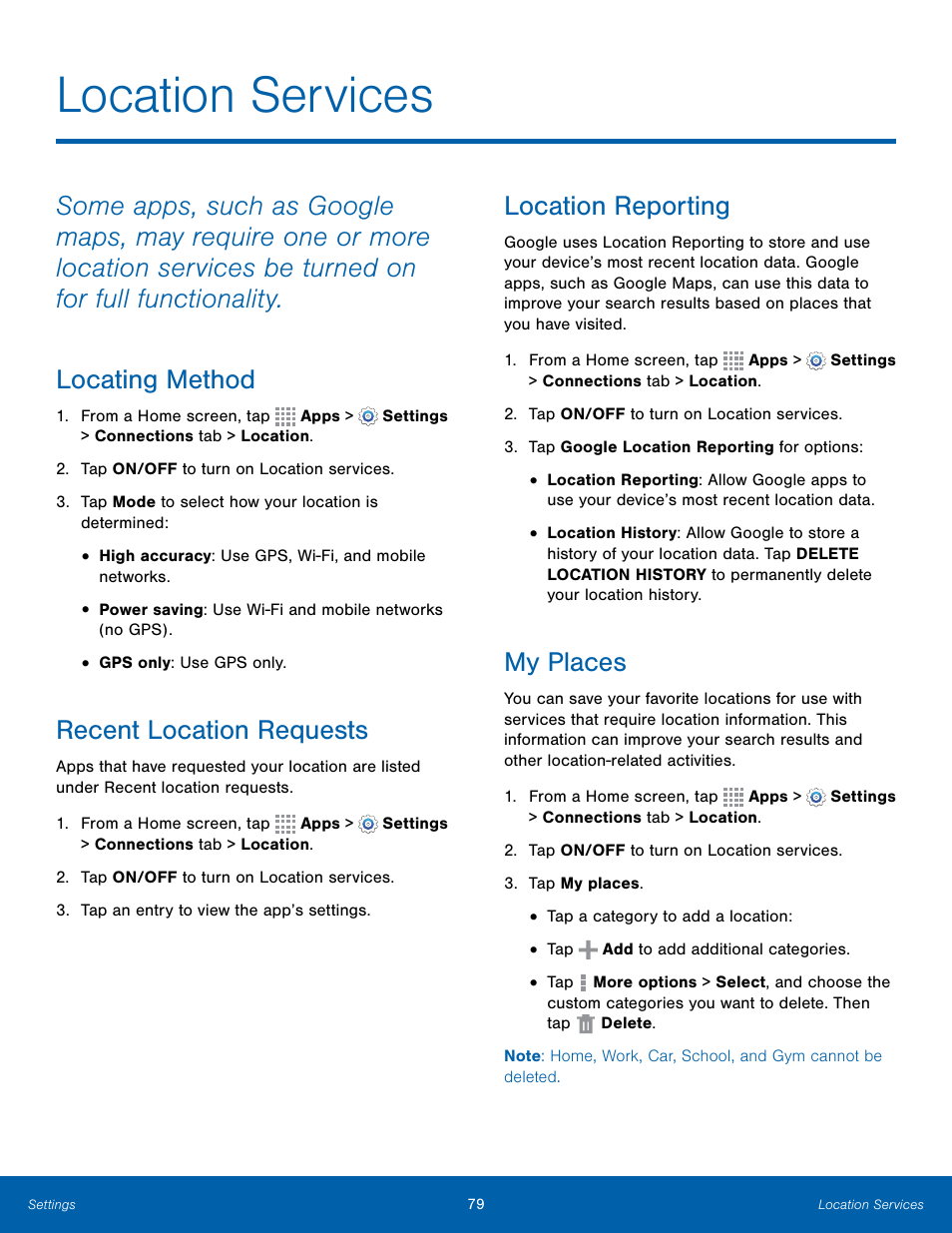 Location services, Recent location requests, Location reporting | My places | Samsung Galaxy Note Edge User Manual | Page 85 / 134