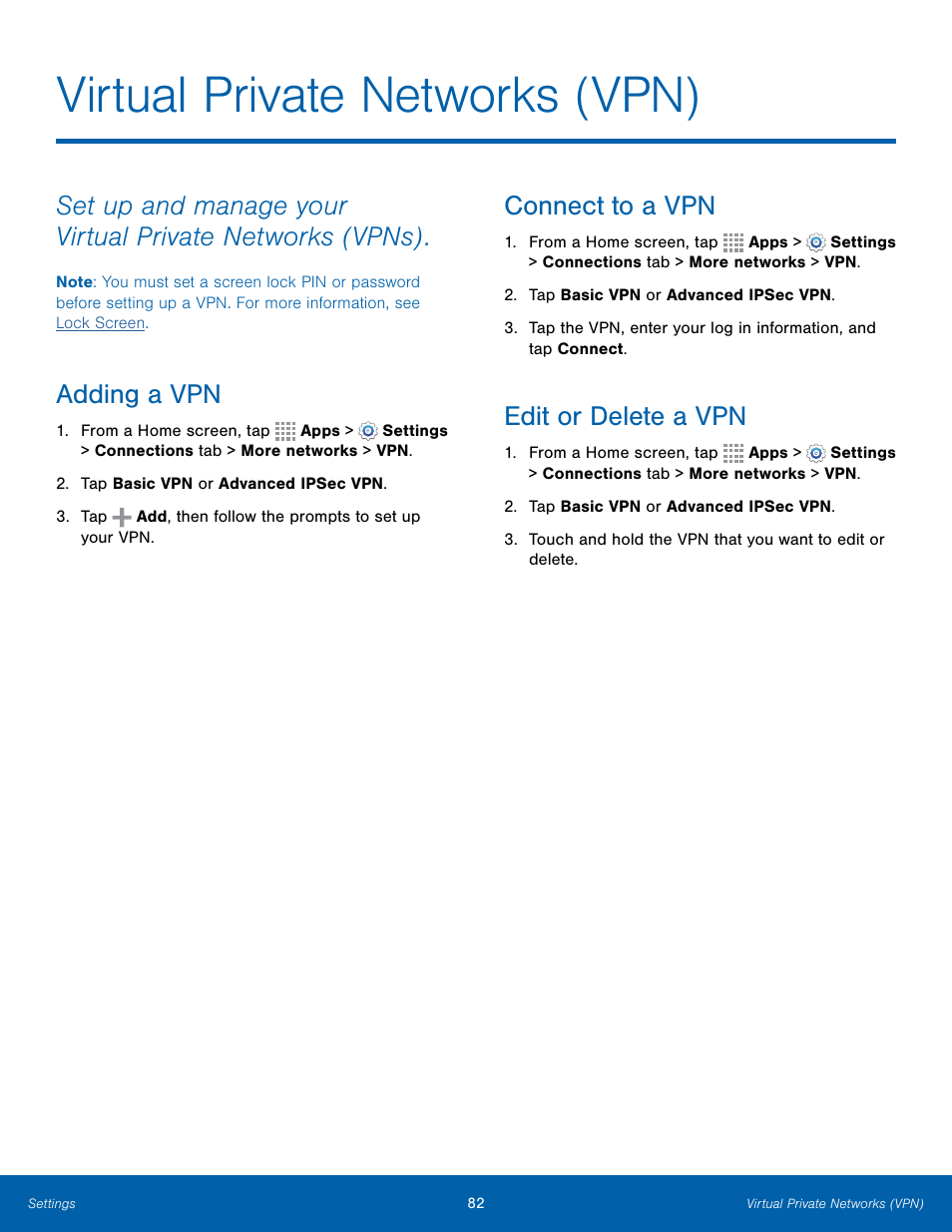 Virtual private networks (vpn), Adding a vpn, Connect to a vpn | Edit or delete a vpn | Samsung Galaxy Note Edge User Manual | Page 88 / 134