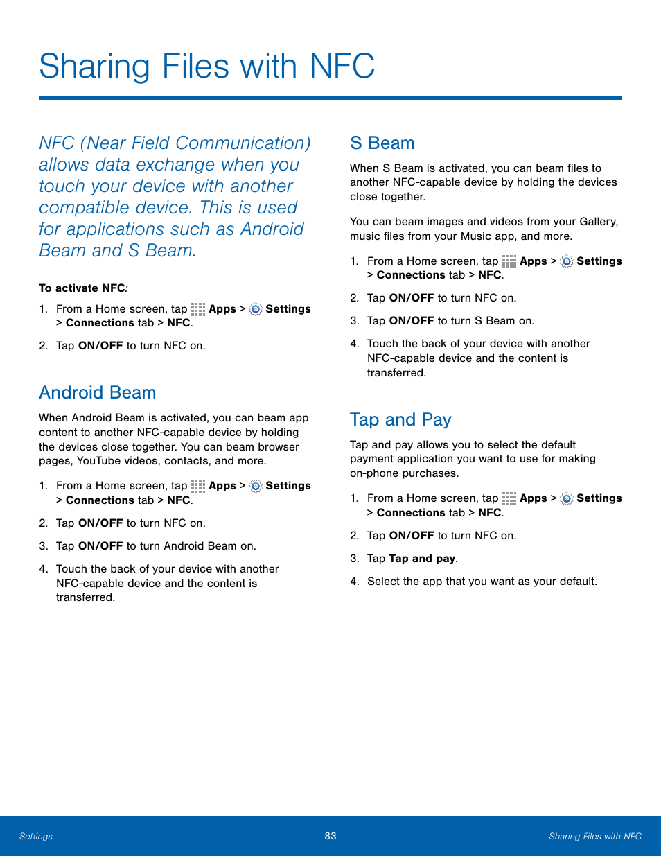 Sharing files with nfc, Android beam, S beam | Tap and pay | Samsung Galaxy Note Edge User Manual | Page 89 / 134
