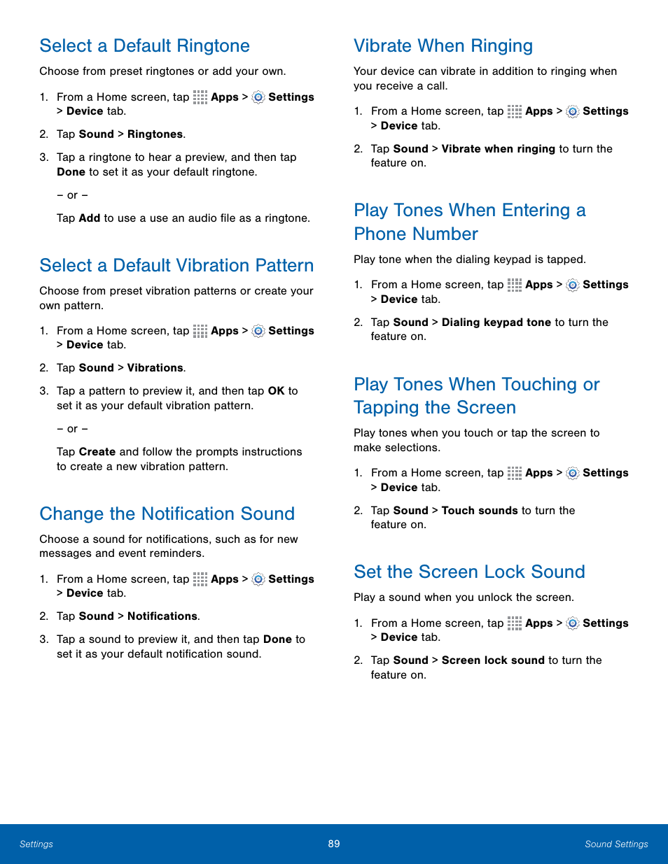 Select a default ringtone, Select a default vibration pattern, Change the notification sound | Vibrate when ringing, Play tones when entering a phone number, Play tones when touching or tapping the screen, Set the screen lock sound | Samsung Galaxy Note Edge User Manual | Page 95 / 134