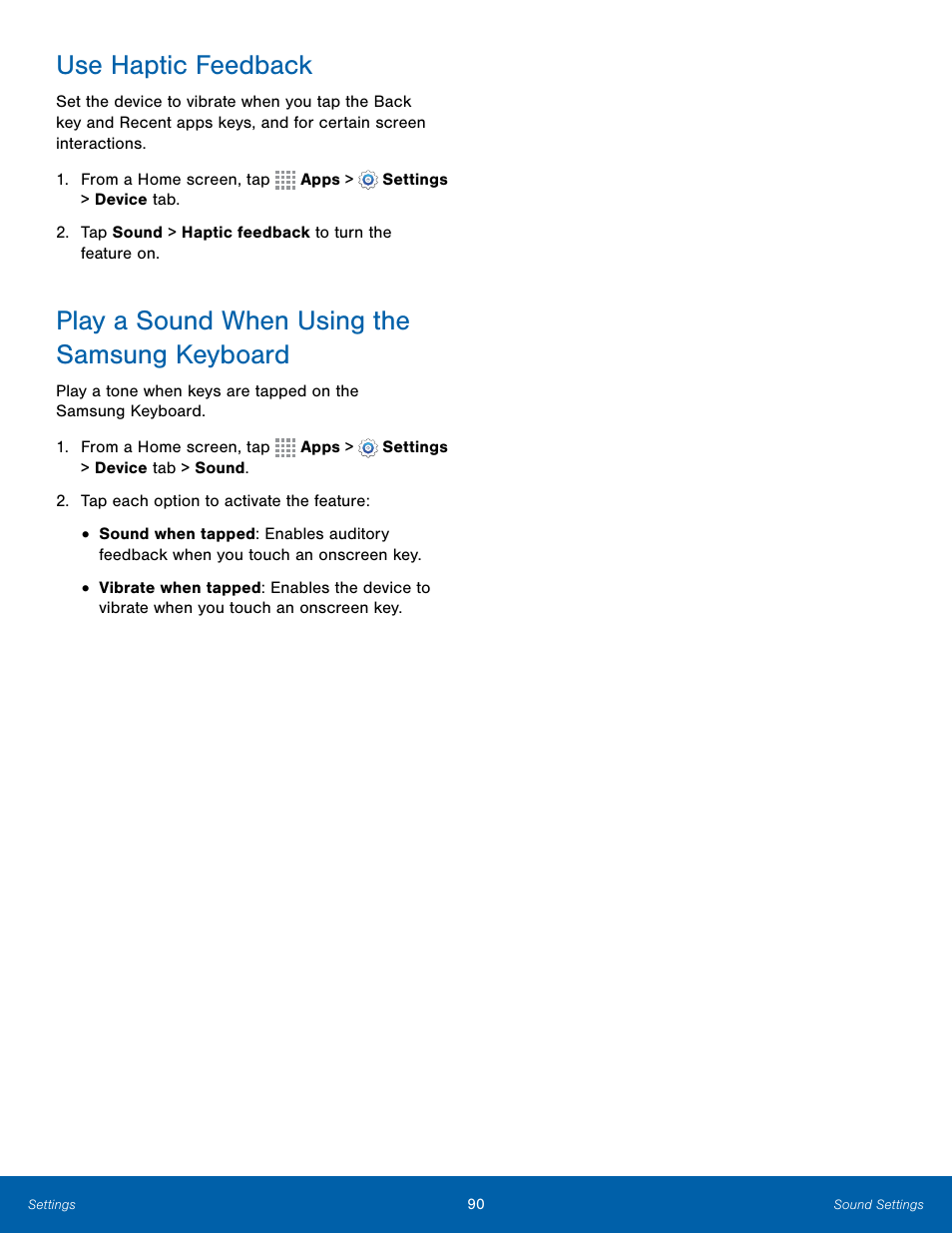 Use haptic feedback, Play a sound when using the samsung keyboard | Samsung Galaxy Note Edge User Manual | Page 96 / 134