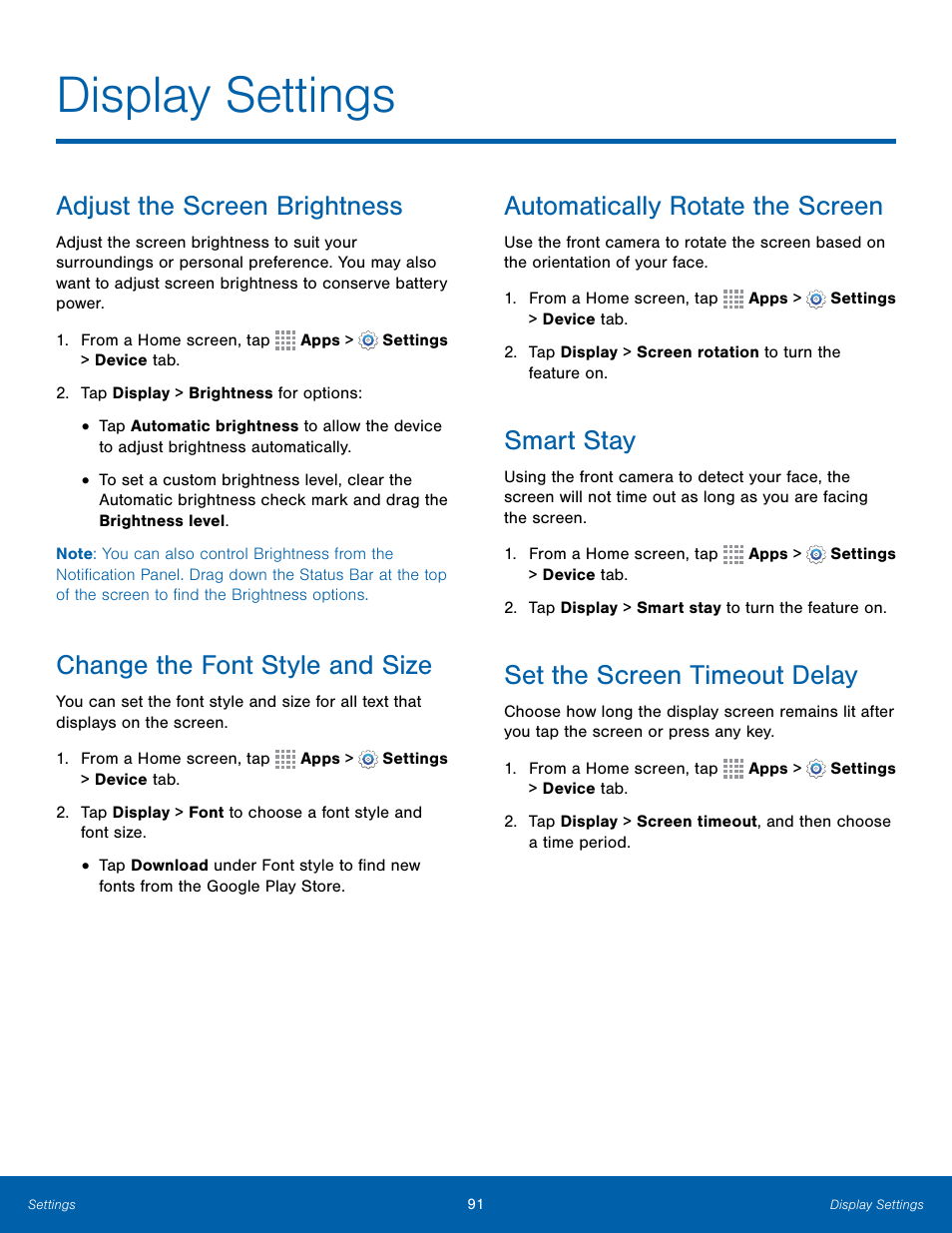 Display settings, Adjust the screen brightness, Change the font style and size | Automatically rotate the screen, Smart stay, Set the screen timeout delay | Samsung Galaxy Note Edge User Manual | Page 97 / 134