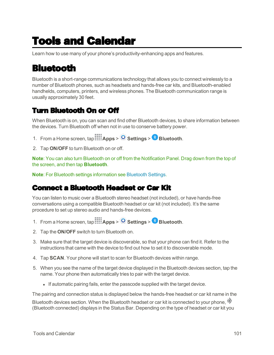 Tools and calendar, Bluetooth, Turn bluetooth on or off | Connect a bluetooth headset or car kit | Samsung Galaxy Note 4 User Manual | Page 112 / 213