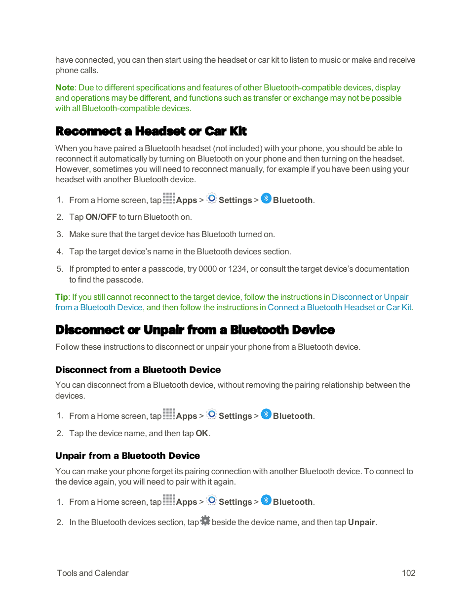 Reconnect a headset or car kit, Disconnect or unpair from a bluetooth device | Samsung Galaxy Note 4 User Manual | Page 113 / 213