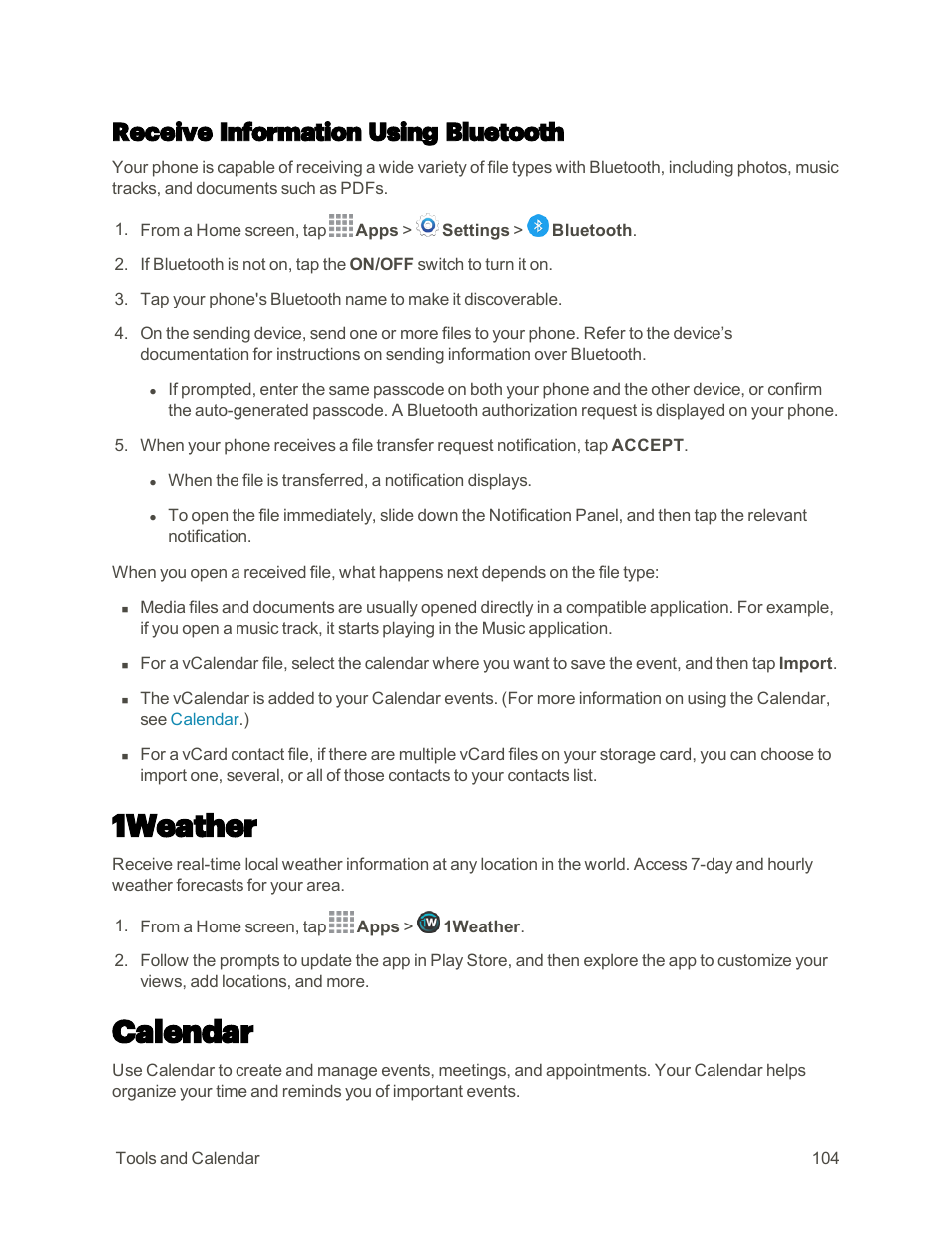 Receive information using bluetooth, 1weather, Calendar | Samsung Galaxy Note 4 User Manual | Page 115 / 213