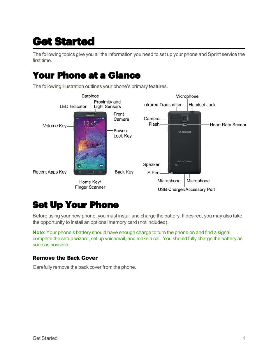 Get started, Your phone at a glance, Set up your phone | Samsung Galaxy Note 4 User Manual | Page 12 / 213