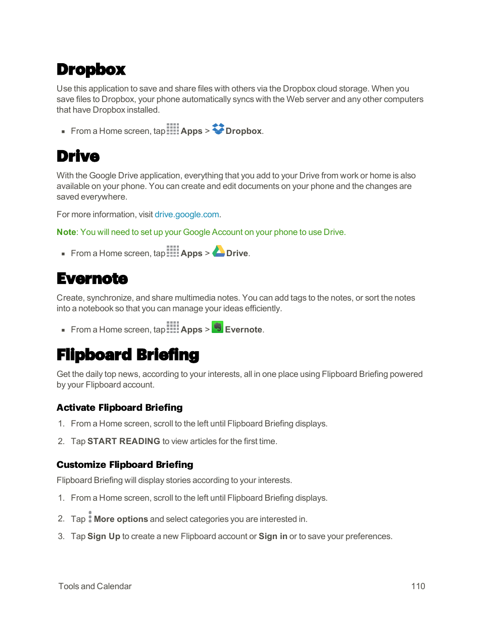 Dropbox, Drive, Evernote | Flipboard briefing | Samsung Galaxy Note 4 User Manual | Page 121 / 213