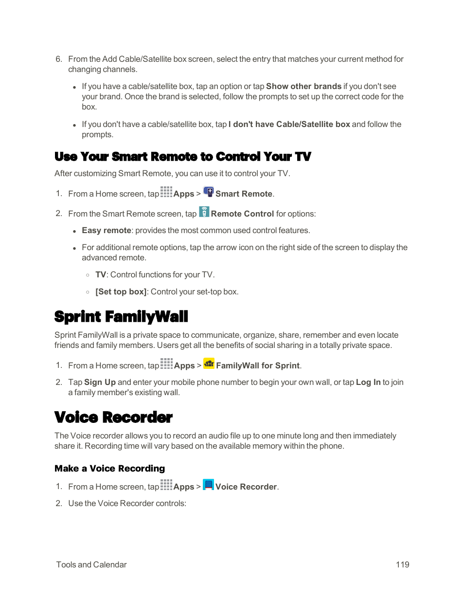 Use your smart remote to control your tv, Sprint familywall, Voice recorder | Samsung Galaxy Note 4 User Manual | Page 130 / 213