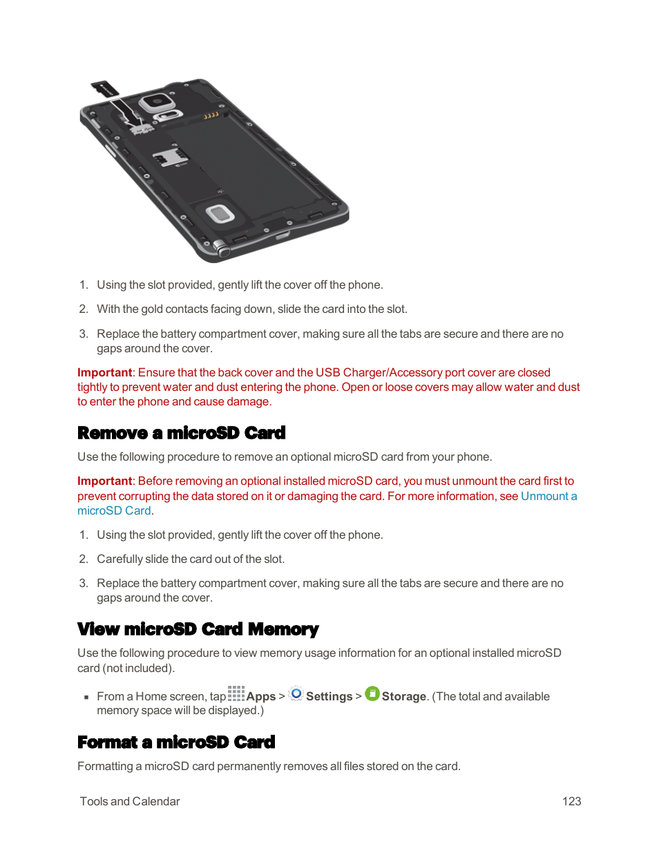 Remove a microsd card, View microsd card memory, Format a microsd card | Samsung Galaxy Note 4 User Manual | Page 134 / 213