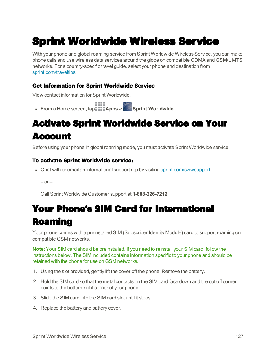 Sprint worldwide wireless service, Activate sprint worldwide service on your account, Your phone’s sim card for international roaming | Samsung Galaxy Note 4 User Manual | Page 138 / 213