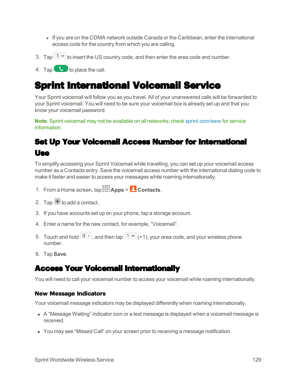 Sprint international voicemail service, Access your voicemail internationally | Samsung Galaxy Note 4 User Manual | Page 140 / 213