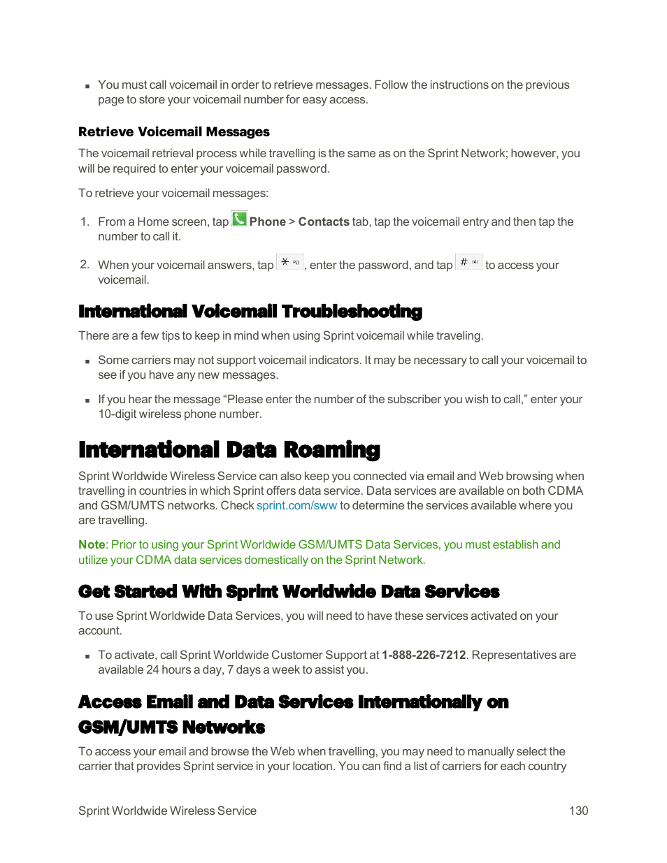 International voicemail troubleshooting, International data roaming, Get started with sprint worldwide data services | Samsung Galaxy Note 4 User Manual | Page 141 / 213