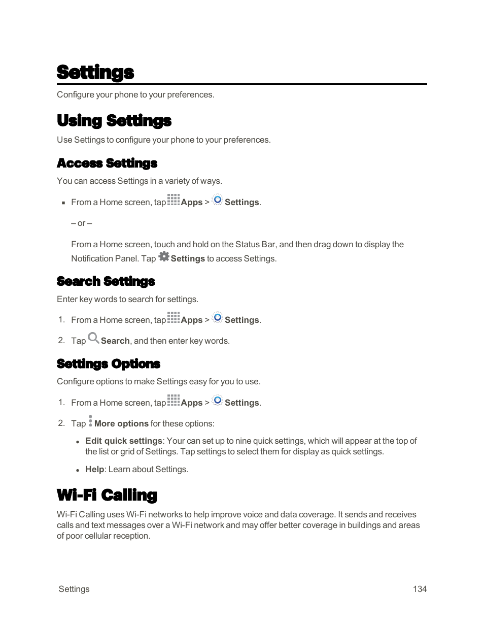 Settings, Using settings, Access settings | Search settings, Settings options, Wi-fi calling | Samsung Galaxy Note 4 User Manual | Page 145 / 213