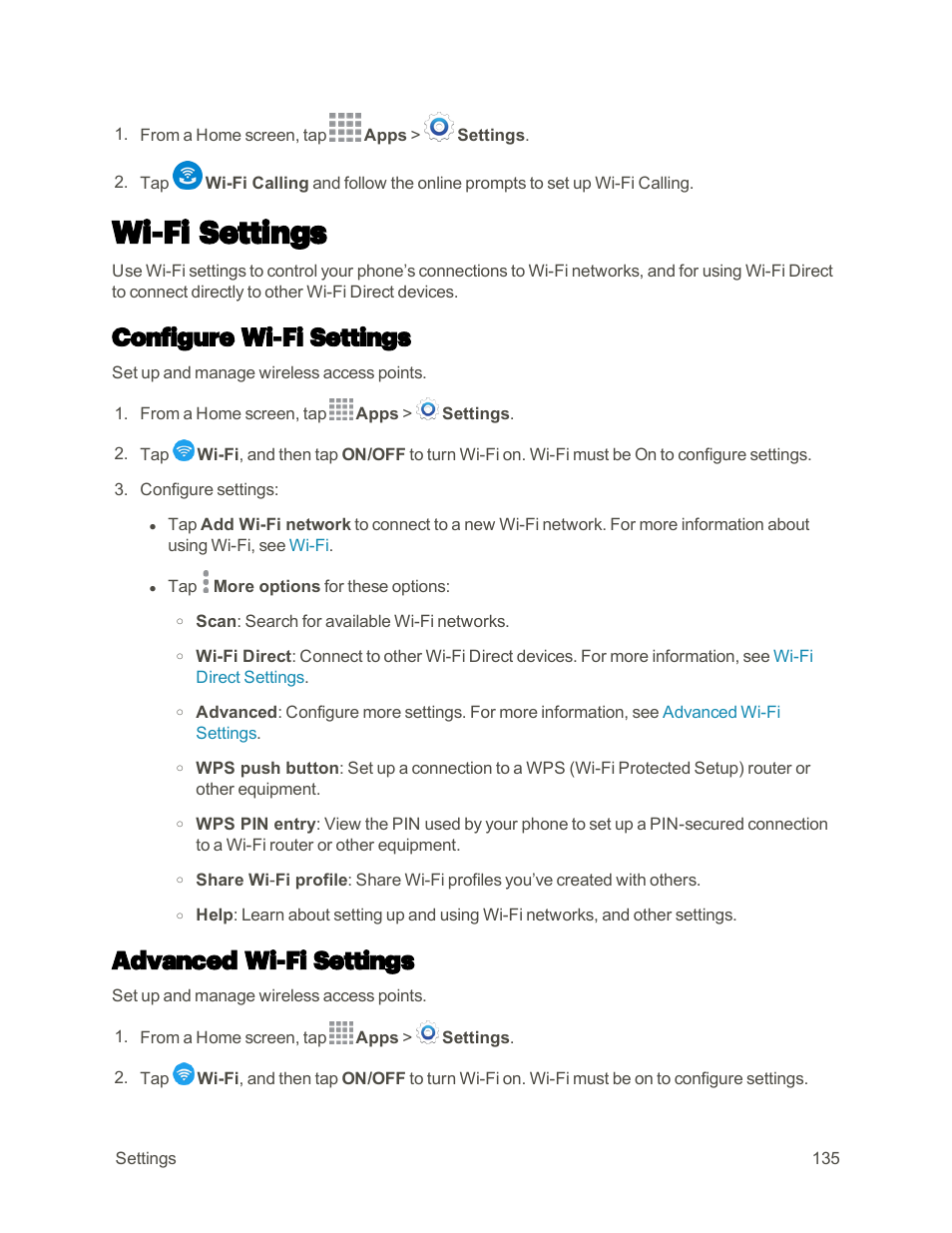 Wi-fi settings, Configure wi-fi settings, Advanced wi-fi settings | Samsung Galaxy Note 4 User Manual | Page 146 / 213