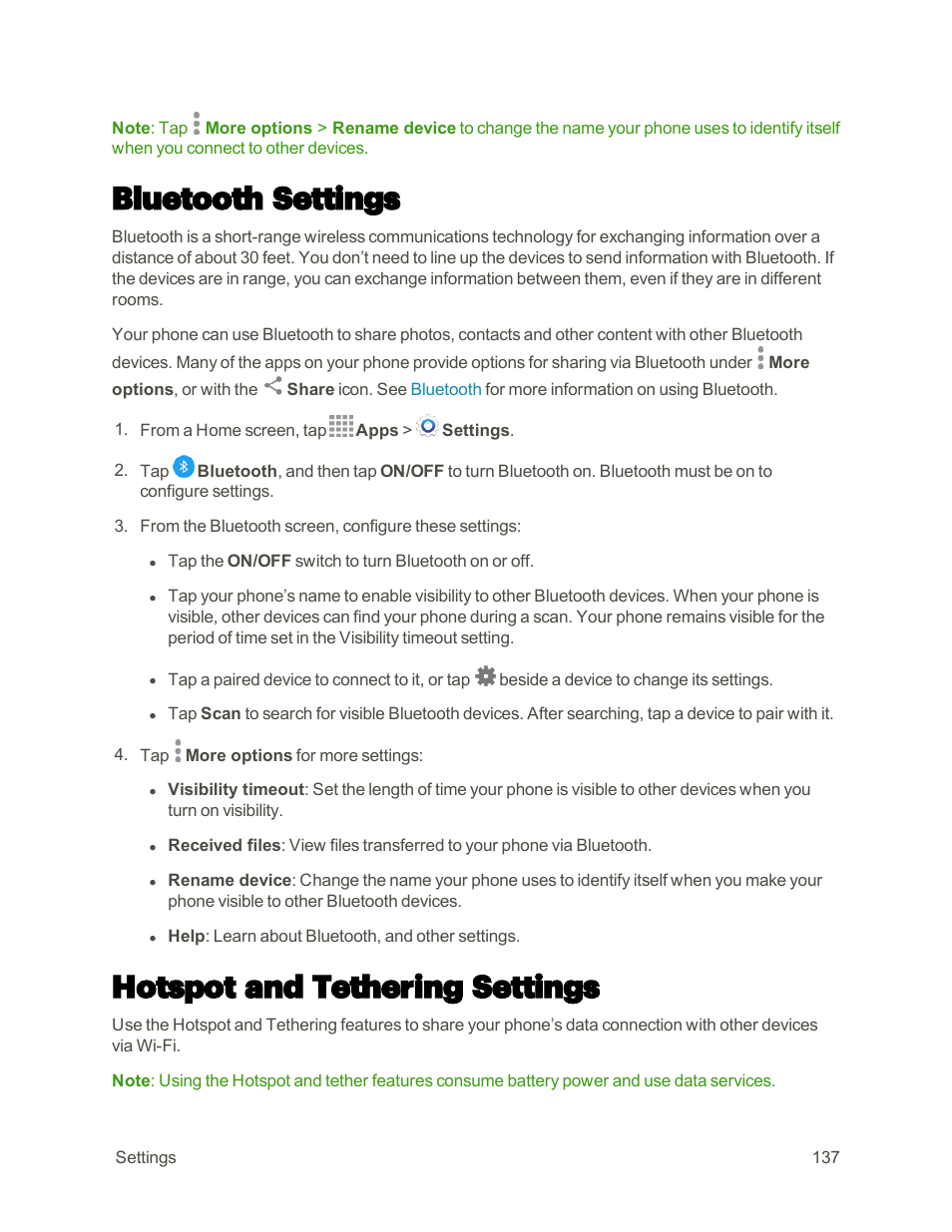 Bluetooth settings, Hotspot and tethering settings | Samsung Galaxy Note 4 User Manual | Page 148 / 213