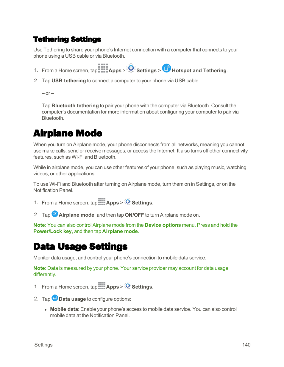 Tethering settings, Airplane mode, Data usage settings | Samsung Galaxy Note 4 User Manual | Page 151 / 213