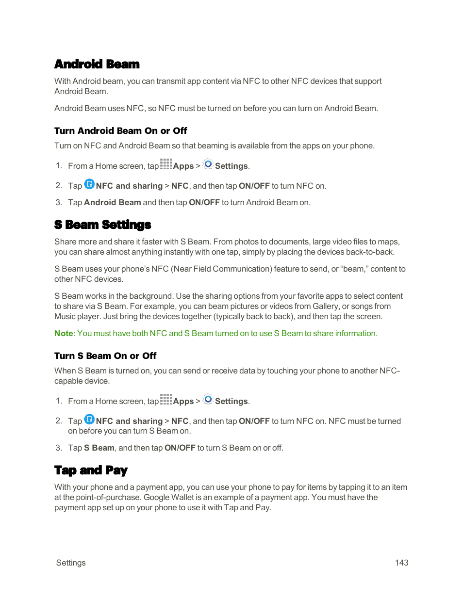 Android beam, S beam settings, Tap and pay | Samsung Galaxy Note 4 User Manual | Page 154 / 213