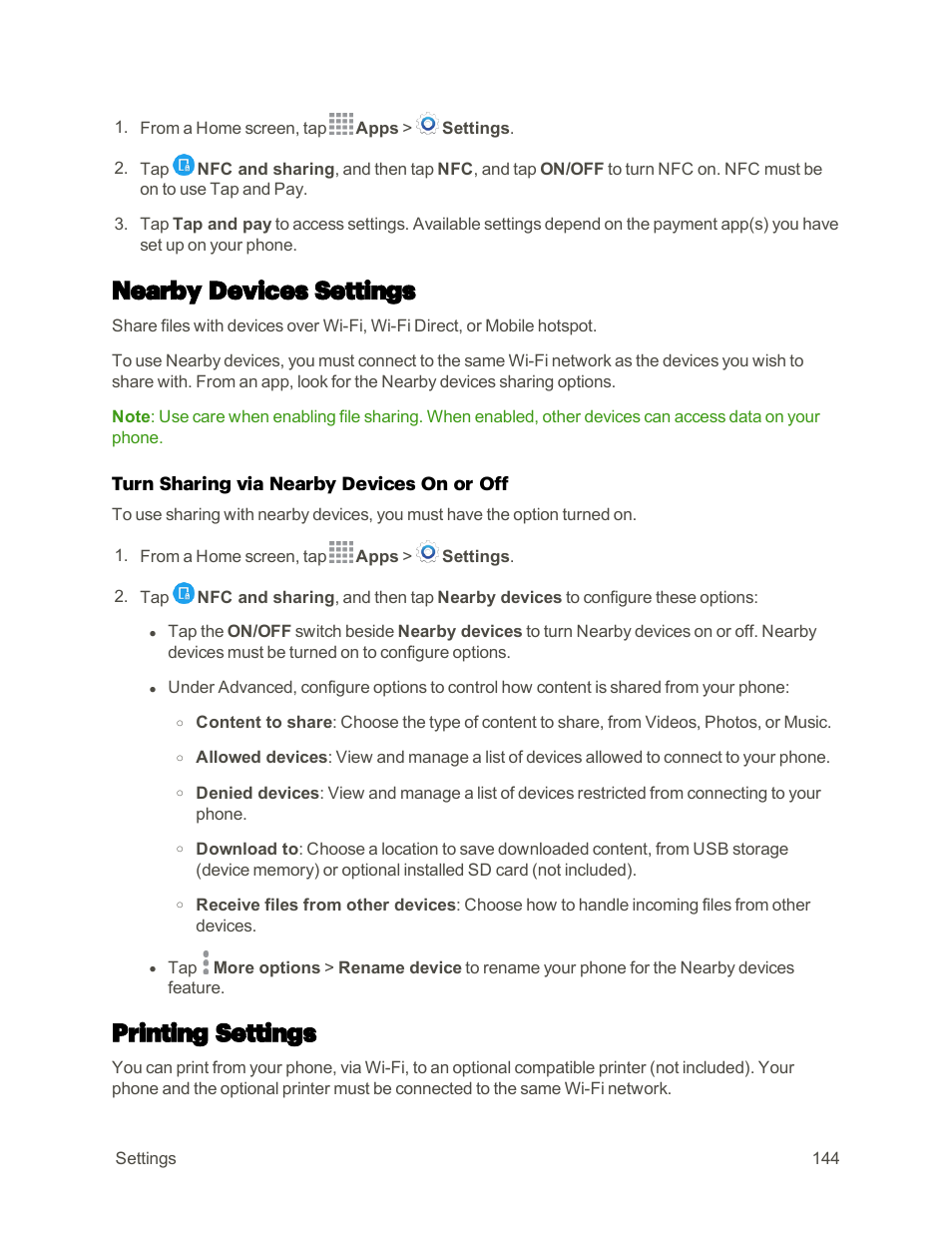 Nearby devices settings, Printing settings | Samsung Galaxy Note 4 User Manual | Page 155 / 213