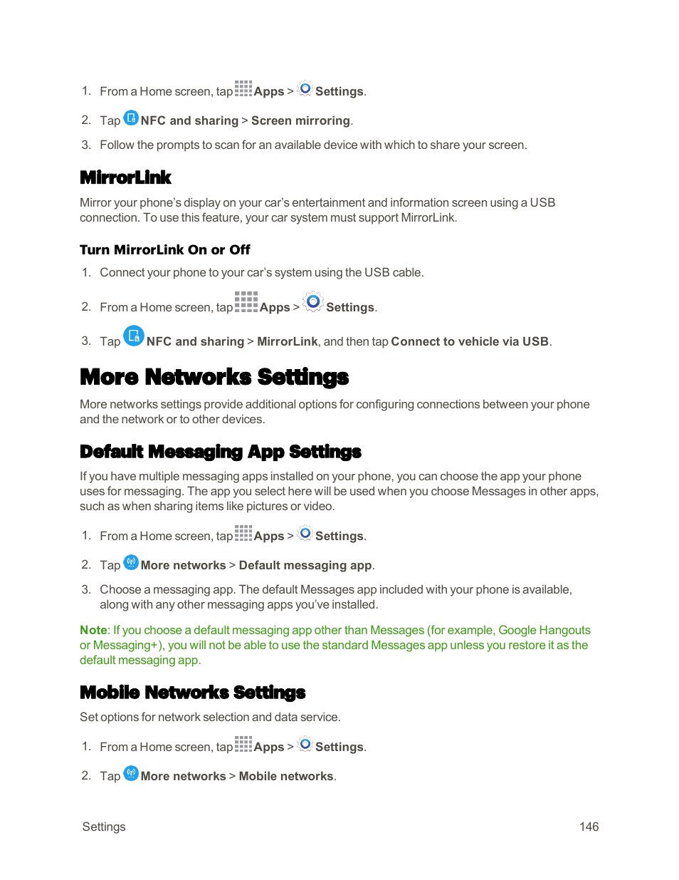 Mirrorlink, More networks settings, Default messaging app settings | Mobile networks settings | Samsung Galaxy Note 4 User Manual | Page 157 / 213