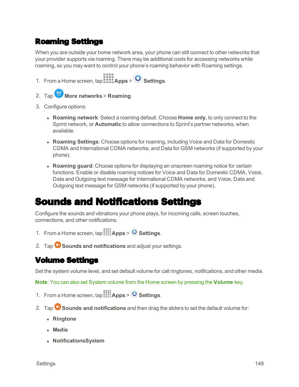 Roaming settings, Sounds and notifications settings, Volume settings | Samsung Galaxy Note 4 User Manual | Page 159 / 213