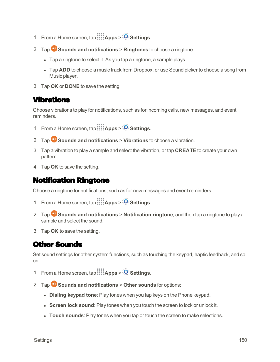 Vibrations, Notification ringtone, Other sounds | Samsung Galaxy Note 4 User Manual | Page 161 / 213