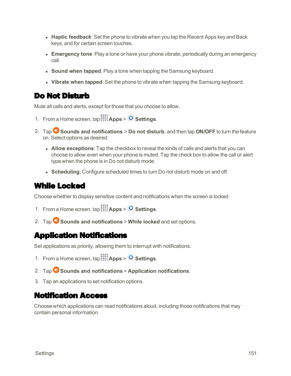 Do not disturb, While locked, Application notifications | Notification access | Samsung Galaxy Note 4 User Manual | Page 162 / 213