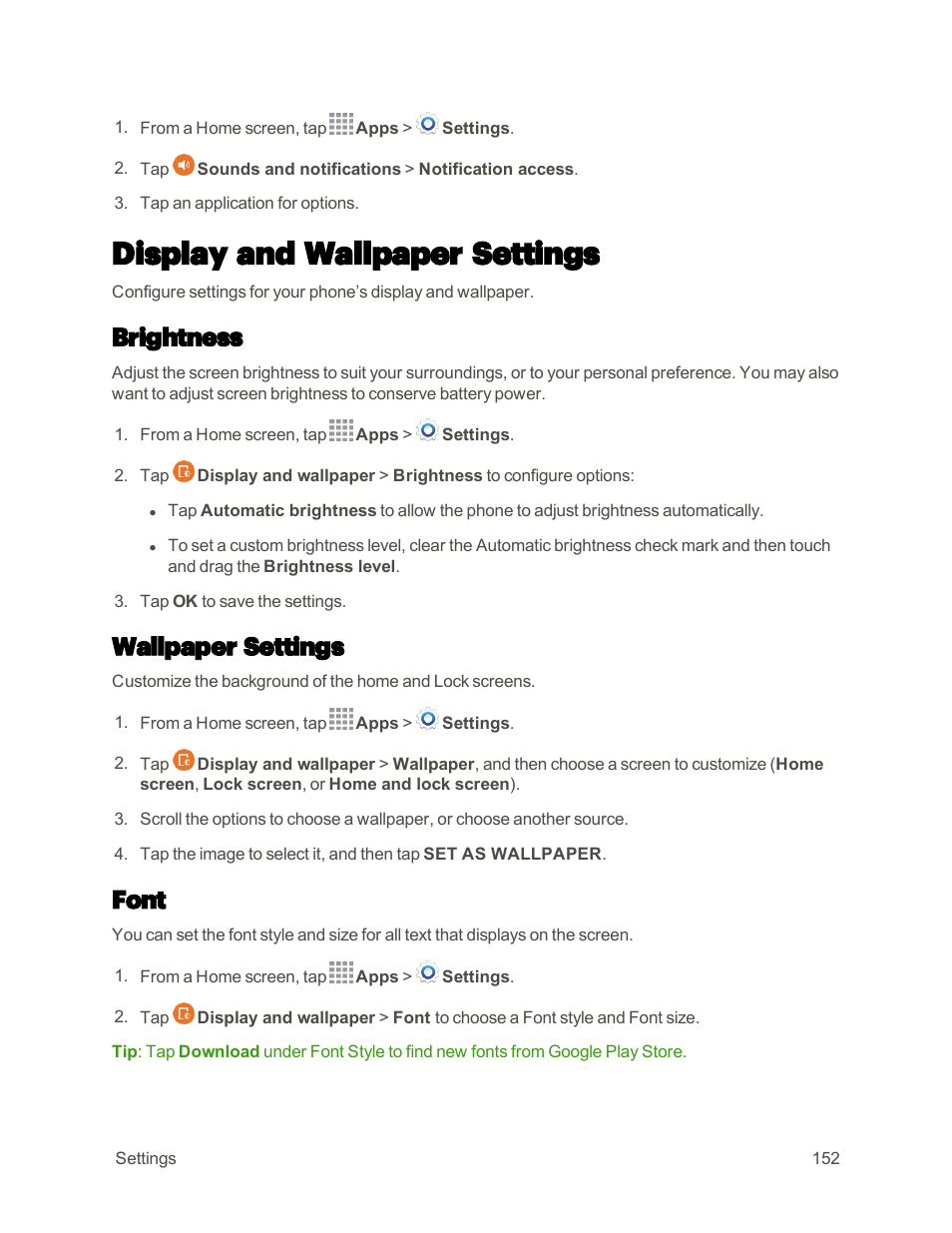 Display and wallpaper settings, Brightness, Wallpaper settings | Font | Samsung Galaxy Note 4 User Manual | Page 163 / 213