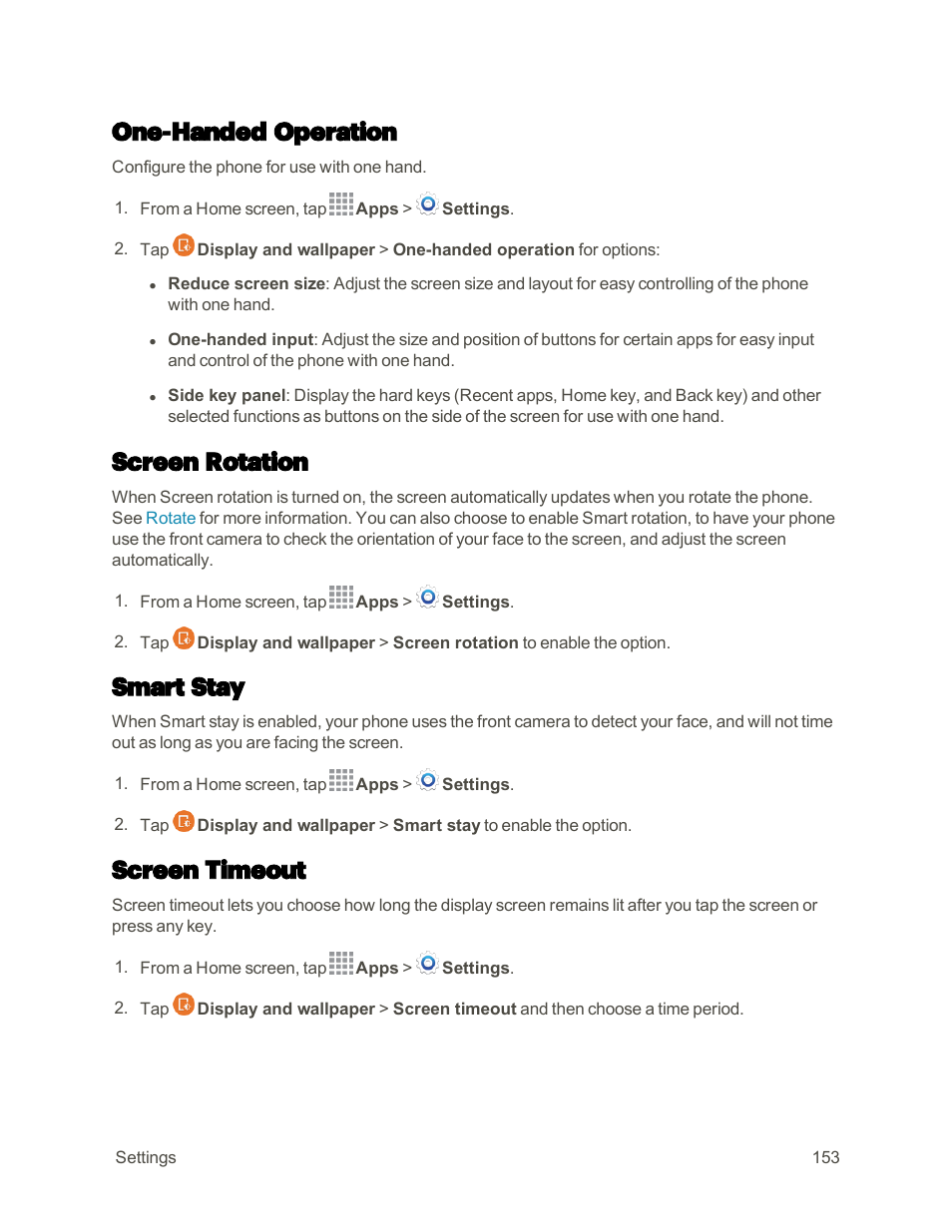 One-handed operation, Screen rotation, Smart stay | Screen timeout, Home tap, Apps, Settings, Display and wallpaper > screen rotation . see, Screen, Rotation | Samsung Galaxy Note 4 User Manual | Page 164 / 213