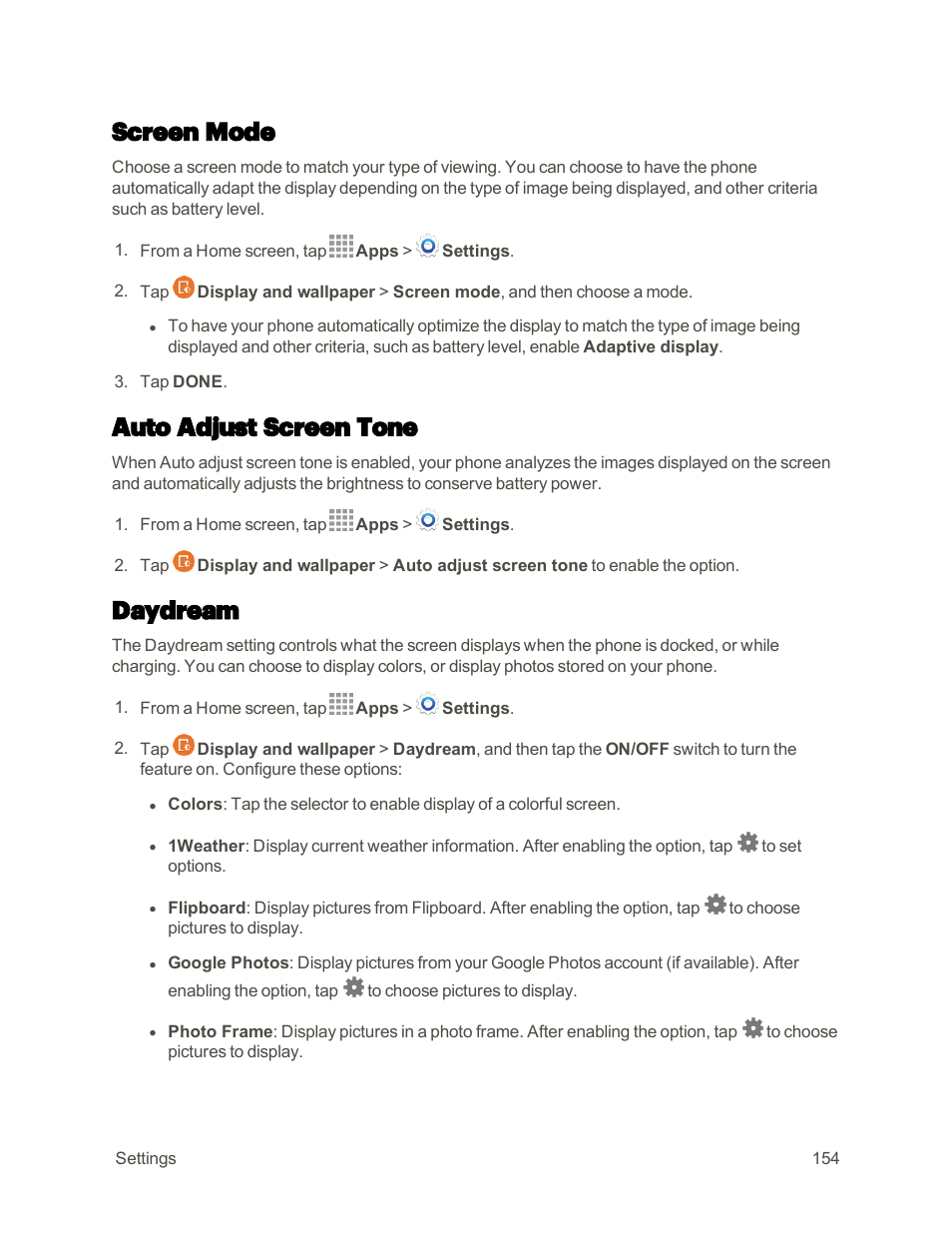 Screen mode, Auto adjust screen tone, Daydream | Samsung Galaxy Note 4 User Manual | Page 165 / 213