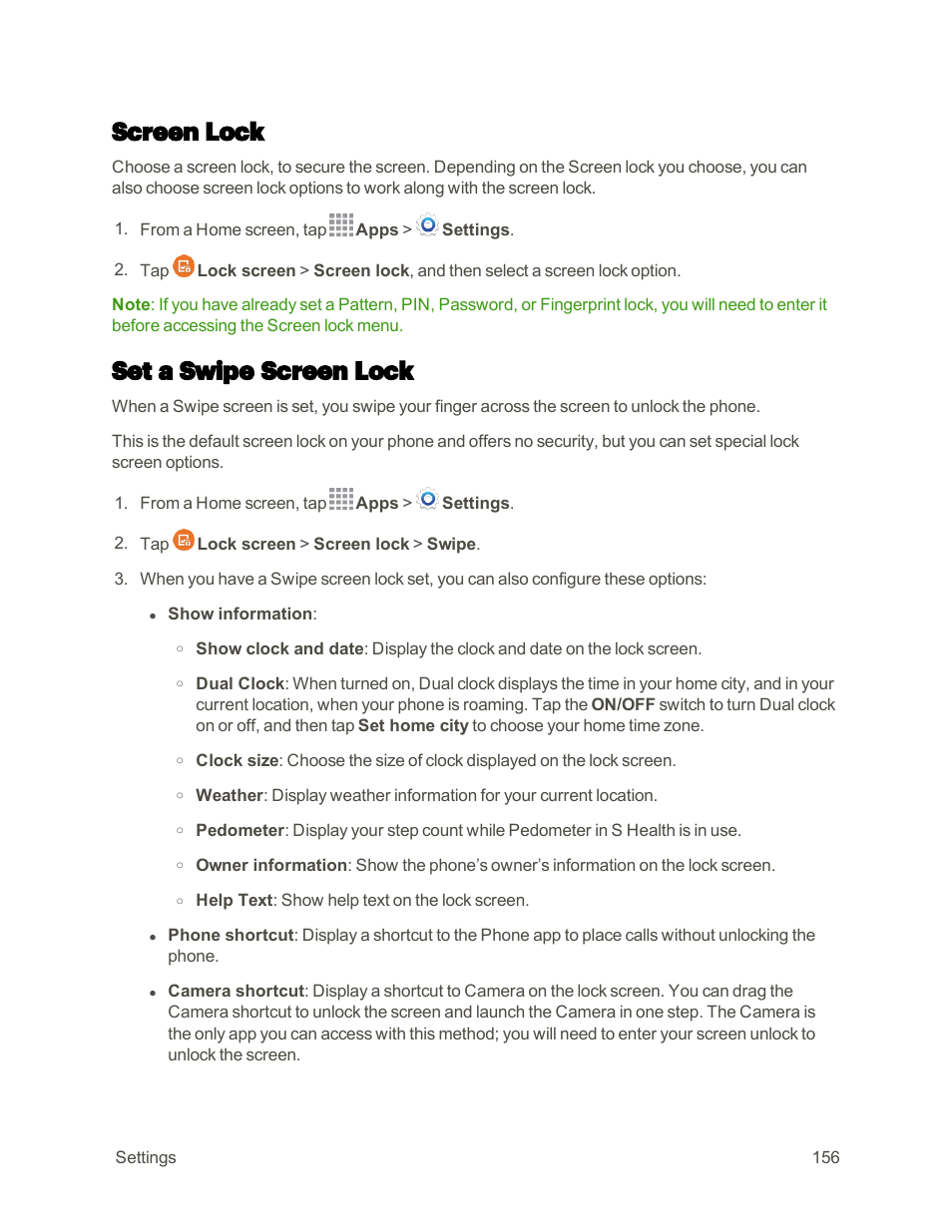 Screen lock, Set a swipe screen lock | Samsung Galaxy Note 4 User Manual | Page 167 / 213