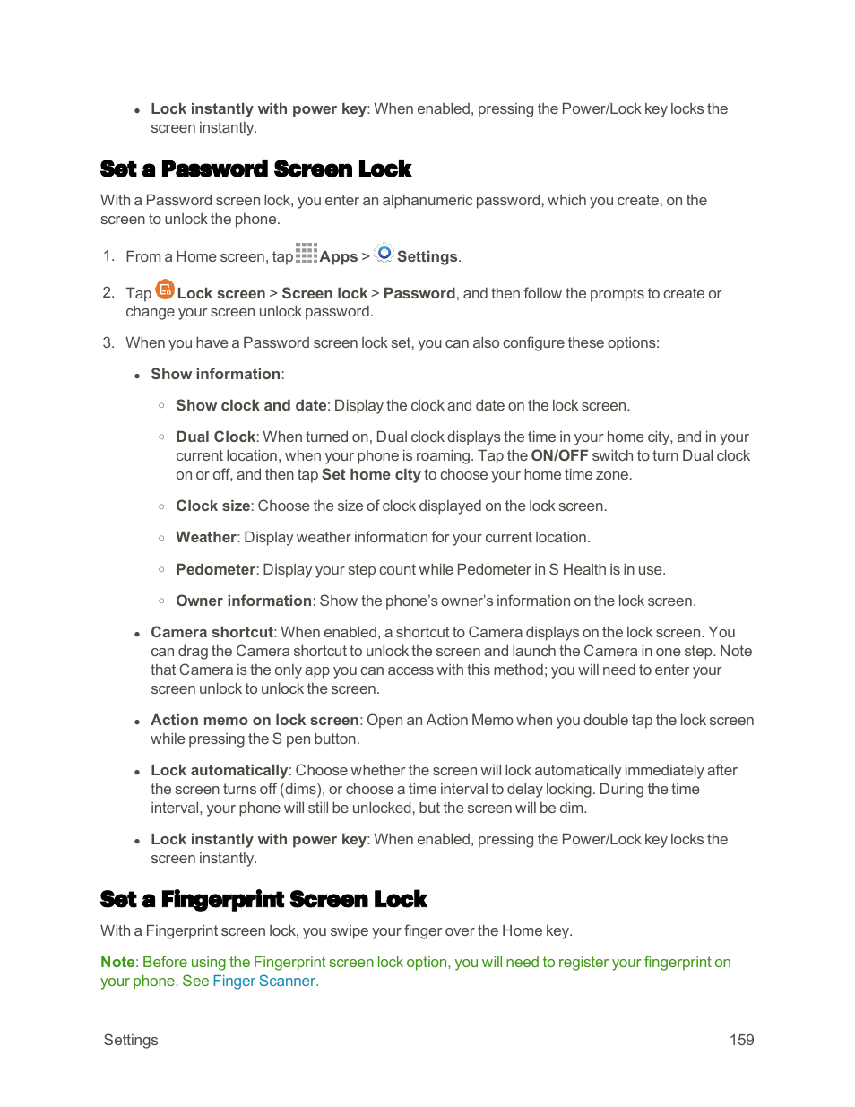 Set a password screen lock, Set a fingerprint screen lock | Samsung Galaxy Note 4 User Manual | Page 170 / 213