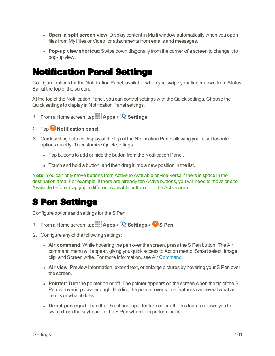 Notification panel settings, S pen settings | Samsung Galaxy Note 4 User Manual | Page 172 / 213