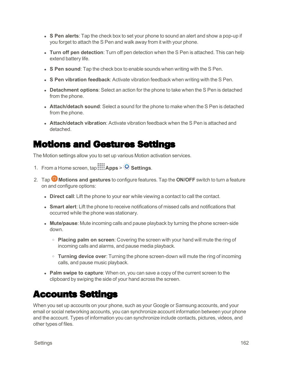 Motions and gestures settings, Accounts settings | Samsung Galaxy Note 4 User Manual | Page 173 / 213