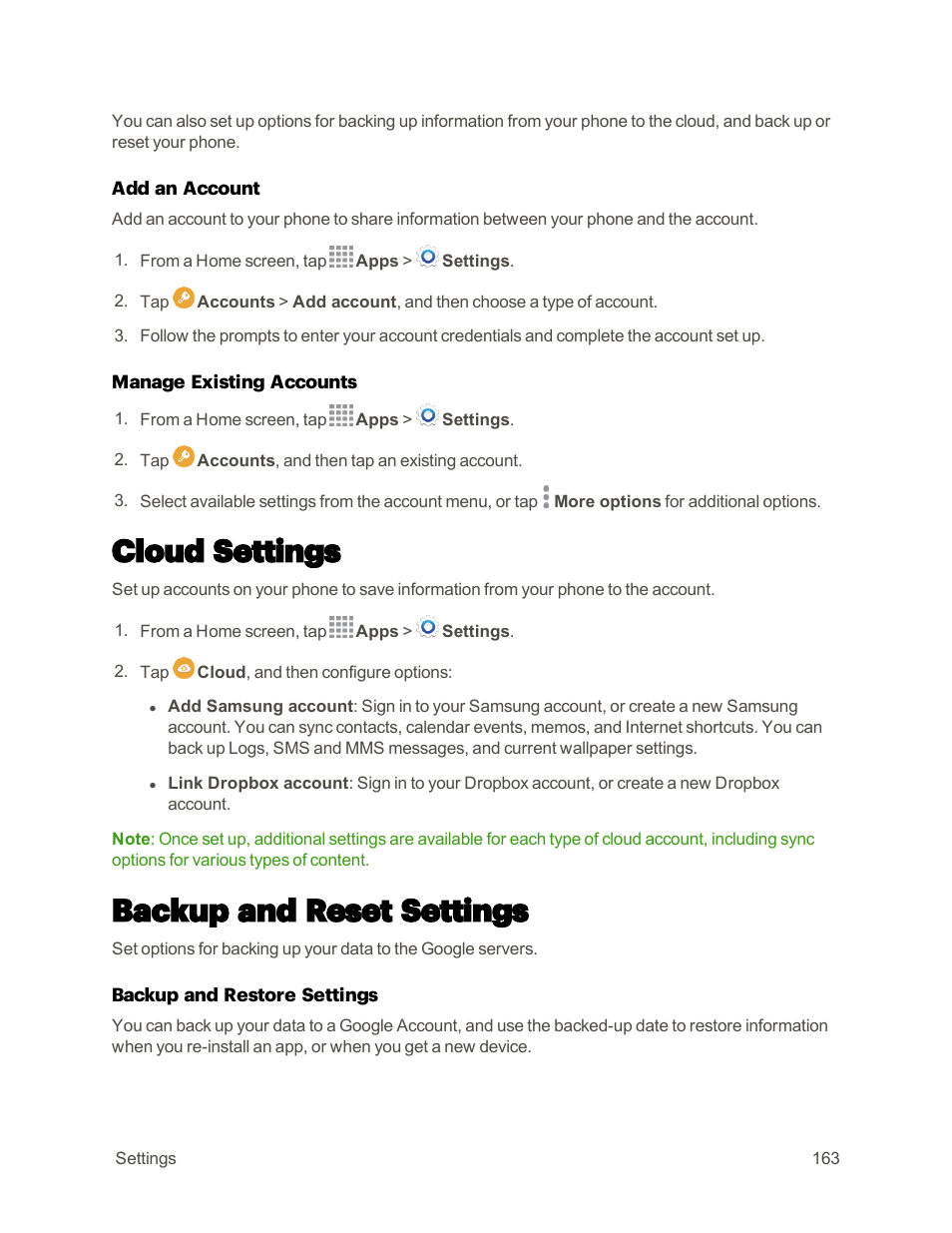 Cloud settings, Backup and reset settings | Samsung Galaxy Note 4 User Manual | Page 174 / 213