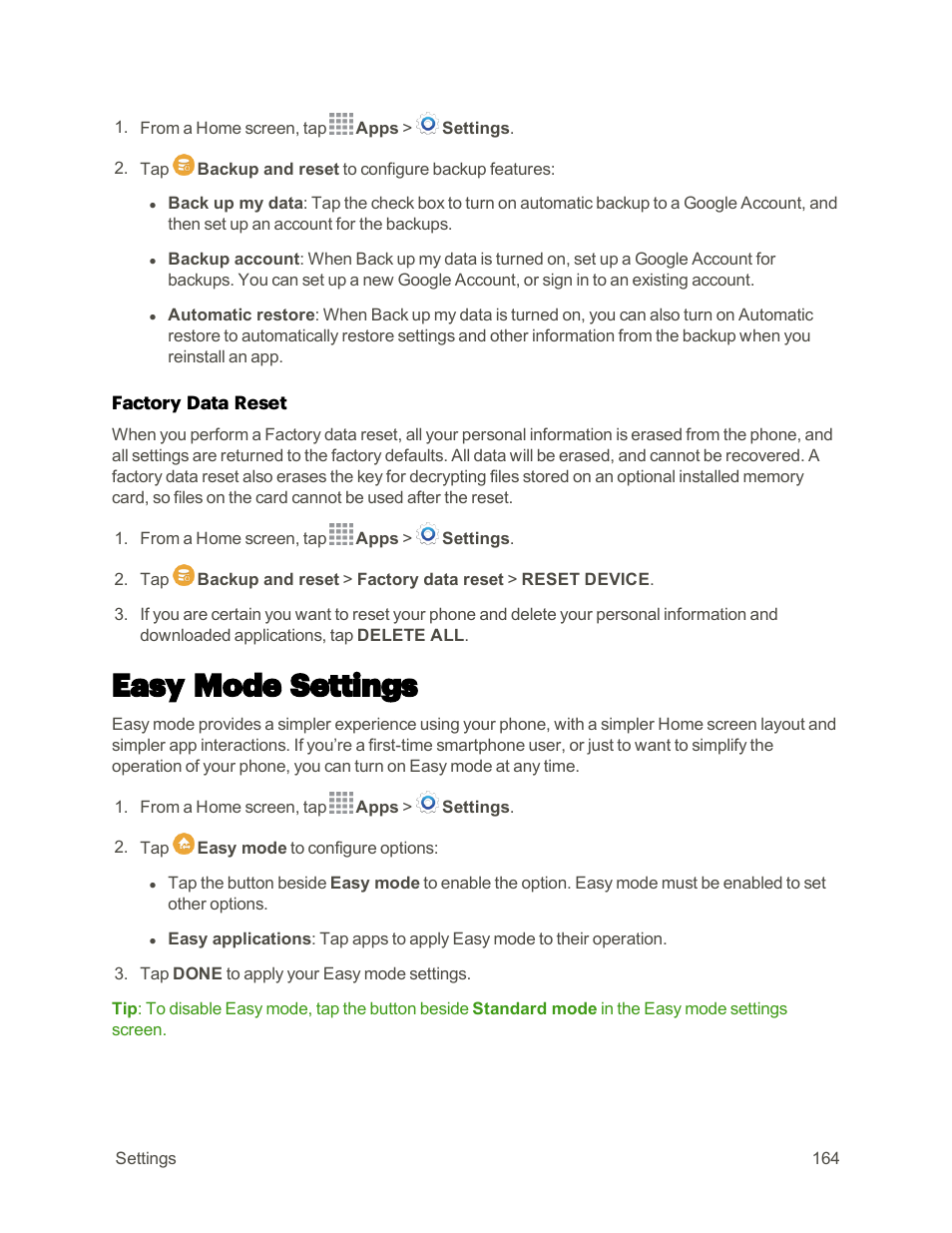 Easy mode settings | Samsung Galaxy Note 4 User Manual | Page 175 / 213