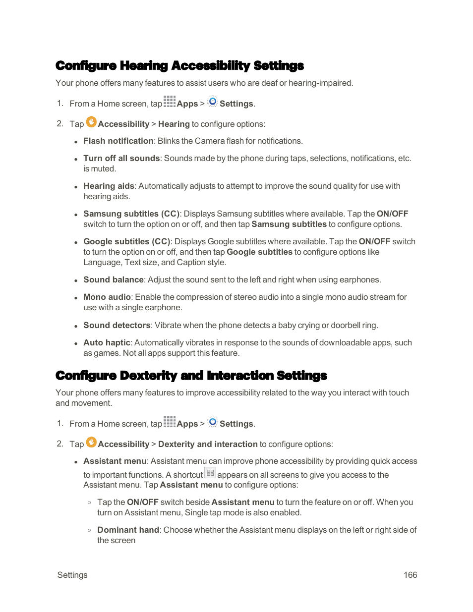 Configure hearing accessibility settings, Configure dexterity and interaction settings | Samsung Galaxy Note 4 User Manual | Page 177 / 213