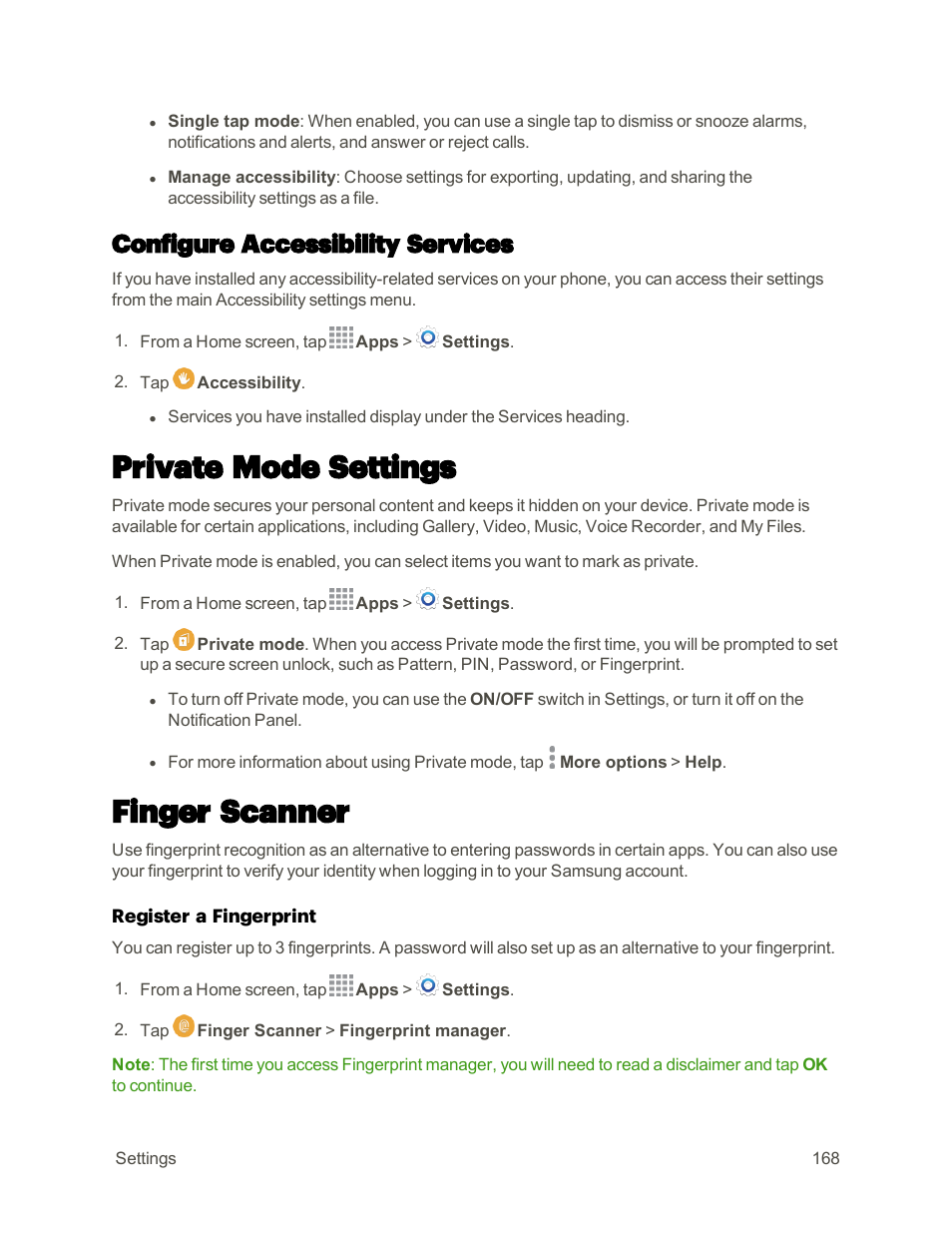 Configure accessibility services, Private mode settings, Finger scanner | Samsung Galaxy Note 4 User Manual | Page 179 / 213