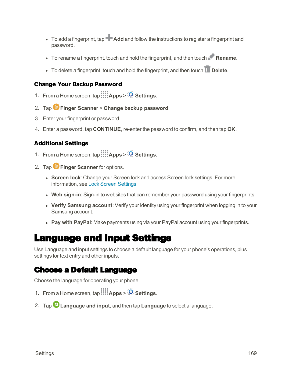 Language and input settings, Choose a default language | Samsung Galaxy Note 4 User Manual | Page 180 / 213