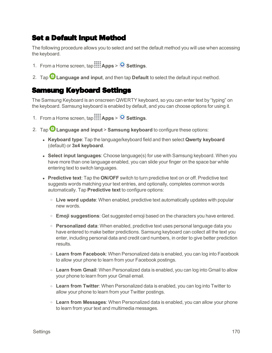 Set a default input method, Samsung keyboard settings | Samsung Galaxy Note 4 User Manual | Page 181 / 213