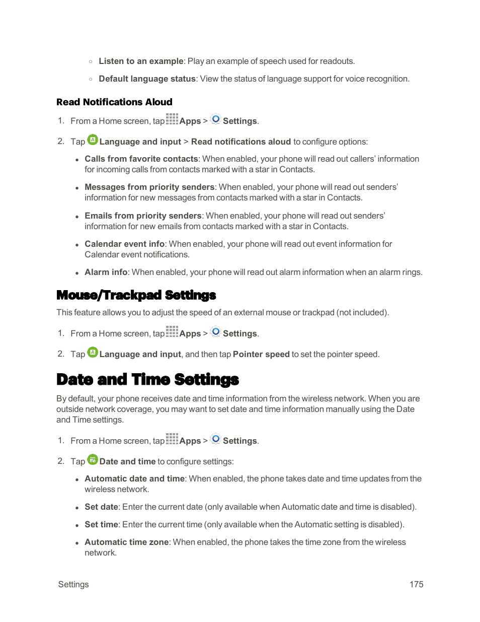 Mouse/trackpad settings, Date and time settings | Samsung Galaxy Note 4 User Manual | Page 186 / 213
