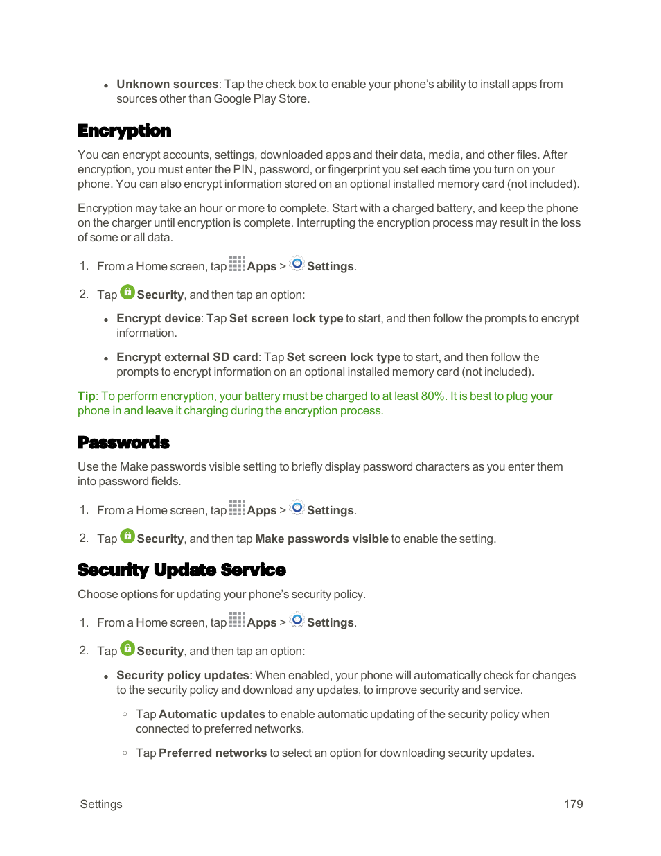 Encryption, Passwords, Security update service | Samsung Galaxy Note 4 User Manual | Page 190 / 213