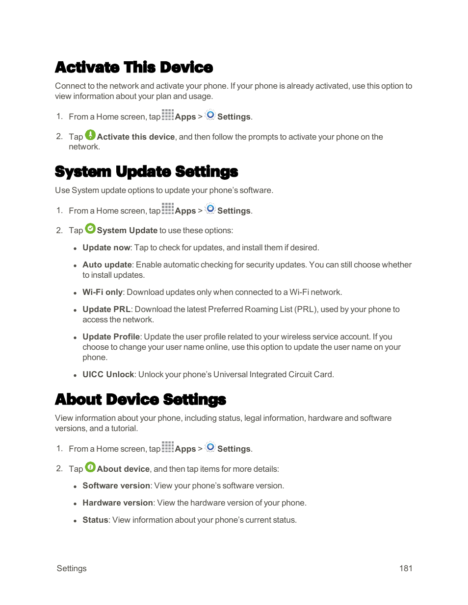 Activate this device, System update settings, About device settings | Samsung Galaxy Note 4 User Manual | Page 192 / 213