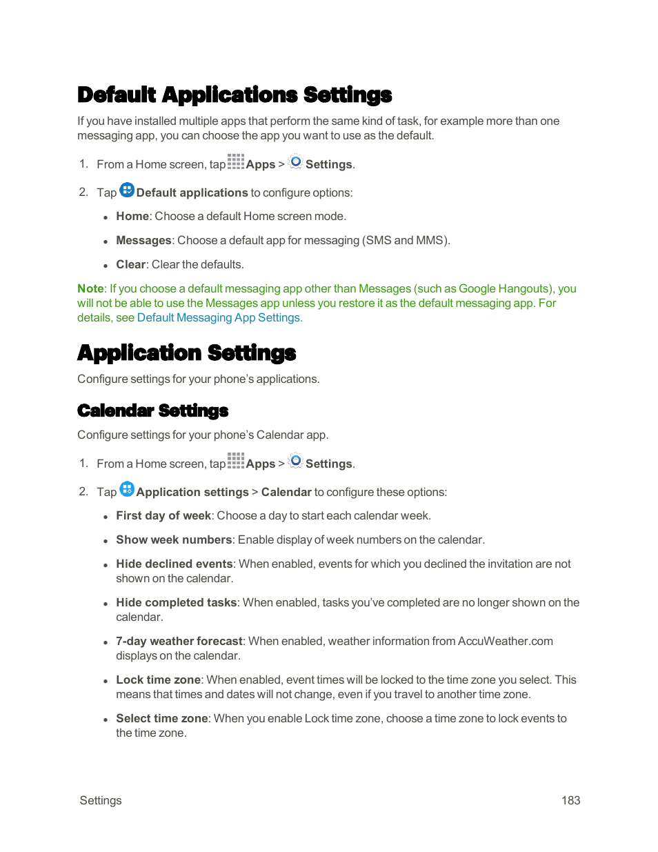 Default applications settings, Application settings, Calendar settings | Samsung Galaxy Note 4 User Manual | Page 194 / 213