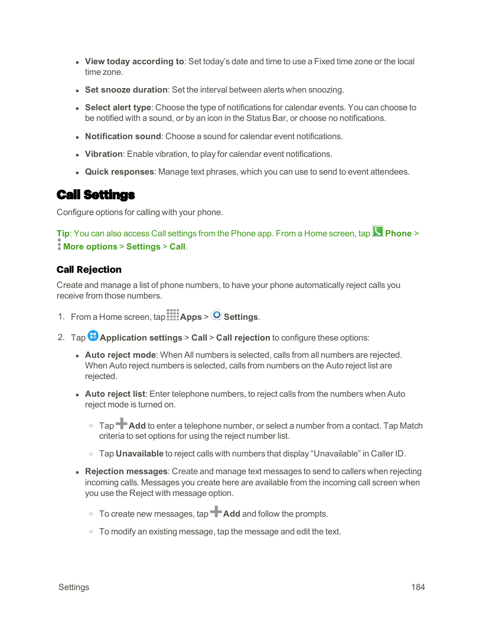 Call settings, Call rejection | Samsung Galaxy Note 4 User Manual | Page 195 / 213